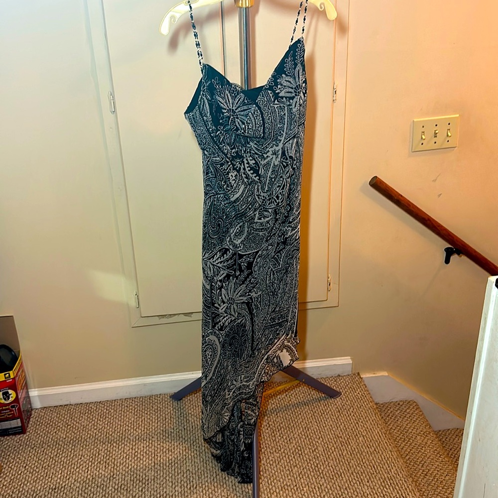 Ice black and grey asymmetrical dress with beaded spaghetti straps. Size 8.